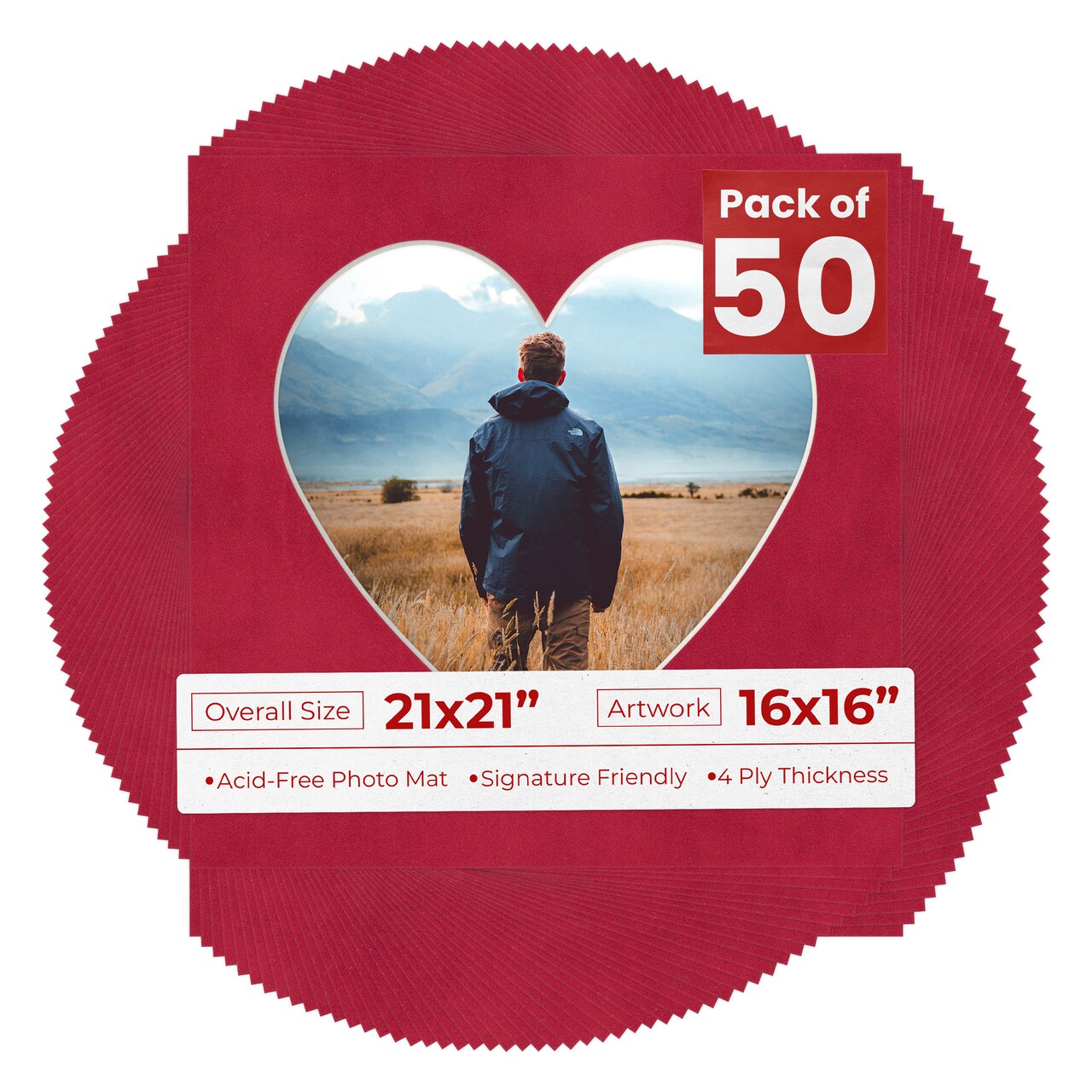 Red Suede Mat Board for 21x21 Frames - Heart Opening for 16x16 Photos